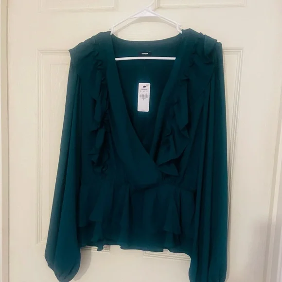 Express Teal Ruffle Wrap Peplum Blouse NWT - Picture 2 of 7